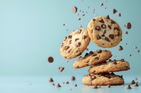 Stack of chocolate chip cookies with crumbs flying against blue background for bakery advertising and food marketing campaigns.