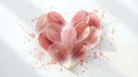 Pink tulip petals arranged in heart shape with watercolor splashes on white background for romantic design projects.