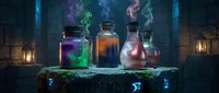 Magical potion bottles with colorful smoke on ancient stone altar in mystical dungeon laboratory setting for fantasy gaming and storytelling projects.