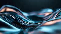 Flowing metallic waves in turquoise blue and rose gold colors create abstract curved lines against dark background with sparkling particles for luxury design backgrounds.