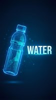 Digital wireframe water bottle with glowing blue neon effects on dark background for technology and hydration concepts.