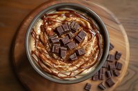 Creamy dessert topped with chocolate chunks and caramel drizzle in metal bowl on wooden surface, overhead view showing rich, indulgent layers and texture.