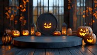 Halloween display with glowing jack-o-lanterns surrounding dark circular podium, lanterns and autumn decorations creating spooky festive atmosphere.