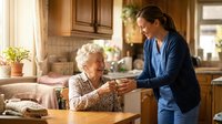 Healthcare worker in blue scrubs serving tea to smiling elderly woman in warm kitchen setting, showcasing compassionate home care and senior assistance services.