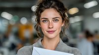 Young professional businesswoman smiling confidently in modern office environment with blurred background. Corporate headshot for business presentations.