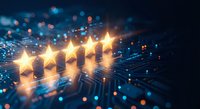 Five golden stars with glowing light rays and digital particles on dark blue background for rating, review, feedback and quality assessment concepts.