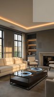 Modern luxury living room interior with warm LED ceiling lighting, beige sofa, glass coffee table, fireplace and built-in shelving for contemporary home design.