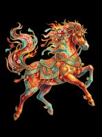Ornate decorative horse with flowing mane and tail in vibrant red, gold, and teal colors, isolated on transparent background. Ready for t-shirts, stickers, clipart, and print-on-demand designs.
