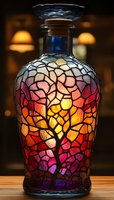 Decorative glass bottle with mosaic stained glass pattern featuring tree silhouette against vibrant sunset colors of red, orange, yellow and purple, illuminated from within.
