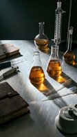Laboratory glassware with amber liquid samples arranged on white surface with notebooks and scientific instruments for chemistry research and education.