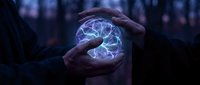 Hands holding glowing brain with electric blue neural network energy, representing artificial intelligence, innovation, and digital technology concepts for business and science applications.