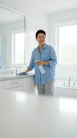 Smiling Asian man cleaning modern white bathroom with spray bottle, standing at marble vanity counter in bright contemporary home interior.