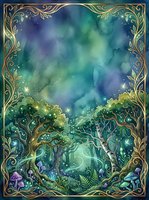 Enchanted forest scene with glowing trees, magical mushrooms, and ethereal aurora sky framed by ornate gold decorative border, suitable for fantasy book covers and mystical designs.
