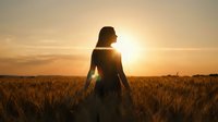 Woman with long dark hair standing in golden wheat field at sunset, backlit by warm sunlight, contemplative pose for lifestyle and nature themes.