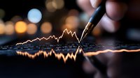Professional hand drawing financial chart with fountain pen on dark surface with warm bokeh lights creating elegant business analytics visualization.