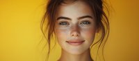 Young woman with freckles and natural makeup smiling warmly against vibrant yellow background, messy bun hairstyle and bright blue eyes in panoramic portrait.