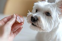 Curious West Highland White Terrier looking at piece of meat held by owner's hand, close-up portrait showing dog's anticipation and desire for treat.