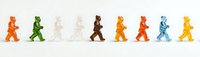Colorful walking figures in sequence on white background, isolated design element for creative projects and pattern making. Minimalist retro style composition.