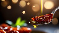 Honey dripping onto spoon with dried cranberries, close-up shot against dark background with bokeh lights. Food photography showing sweet and tart ingredients.