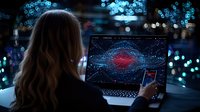 Young woman analyzing complex data visualization on laptop screen with glowing network patterns and digital interface in modern tech environment at night.