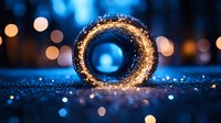 Glowing golden light ring on dark surface with bokeh effect and blue tones creates magical atmosphere, suitable for fantasy or abstract designs.