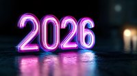 Glowing neon 2026 numbers with vibrant pink and blue lights reflecting on wet surface, futuristic new year celebration concept for party designs.