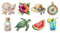 Seashells starfish coral shells pink hibiscus flower straw hat compass bottle with shells sea turtle watermelon slice refreshing drink isolated clipart collection for design projects.