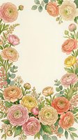 Watercolor ranunculus floral border frame with pink, peach and yellow blooms on cream background, copy space for greeting cards.