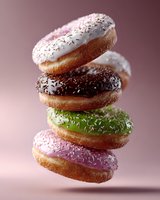 Stack of colorful glazed donuts with sprinkles floating against pink background. Close-up shot of assorted frosted doughnuts showing texture and detail.