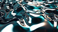 Metallic liquid surface with turquoise and silver reflections creating dynamic waves and ripples, abstract background texture with flowing chrome-like material.