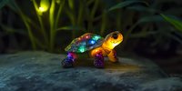 Glowing turtle ornament with colorful LED lights illuminated in garden setting at night, decorative figurine on stone surface against dark foliage background.