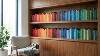 Modern home library with colorful books arranged by rainbow spectrum on wooden built-in shelves, contemporary reading chair and natural window light.