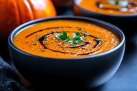 Creamy pumpkin soup garnished with fresh parsley and black pepper in dark ceramic bowl, drizzled with cream swirl on dark background with fresh pumpkin.