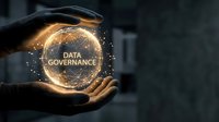 Businessman hands protecting glowing data governance sphere with digital network connections representing cybersecurity and information management solutions.