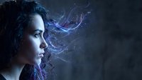 Woman with long dark hair in profile, glowing blue digital energy waves flowing from her head against dark background, representing artificial intelligence, technology, and innovation.