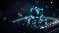 Glowing blue ice cubes floating over dark reflective surface with bokeh effects and magical light particles, creating futuristic atmosphere for beverage and tech concepts.