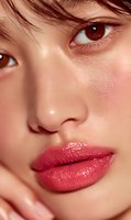 Close-up portrait of young woman with glossy red lipstick and dewy skin. Natural makeup look with brown eyes and blonde hair for beauty and cosmetics.