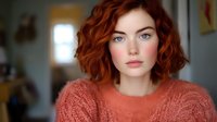 Young Caucasian woman with curly red hair wearing coral sweater looking at camera in cozy home interior with natural lighting and warm atmosphere.