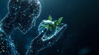 Digital hands holding glowing green sprout surrounded by network of light particles against dark background, representing environmental technology and sustainable future.