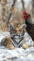 Young tiger cub lying in snow with rooster standing nearby, unusual animal friendship concept showing wild and domestic animals together in winter setting.