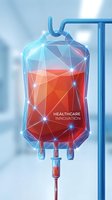 Futuristic medical IV drip bag with geometric polygonal design and glowing network connections representing healthcare innovation and digital medicine technology.