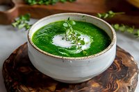Green vegetable cream soup garnished with microgreens and cream swirl in ceramic bowl on wooden board, healthy eating concept for restaurant menu.