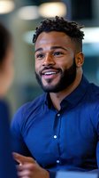 Young African American professional in navy polo shirt smiling warmly during business conversation. Natural curly hair and neat beard style showcase modern workplace diversity.