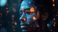 Digital transformation concept showing African American male profile with glowing circuit patterns and orange light effects on dark background.