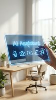 Hand holding transparent tablet displaying AI Assistant interface with glowing neon icons in modern home office workspace for smart technology applications.