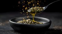 Dripping golden honey from spoon onto mixed herbs and spices in black stone bowl against dark background with magical sparkle effect and copy space.