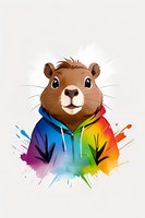 Cute cartoon hamster wearing rainbow hoodie with paint splash effect on white background, isolated character for stickers, prints and children designs.