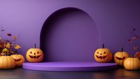 Halloween podium display with carved pumpkins and autumn leaves around purple arch backdrop, festive seasonal product placement platform on dark surface.