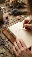 Person writing affirmation in journal surrounded by healing crystals, dried lavender, and botanical elements on rustic wooden surface for mindfulness and wellness.