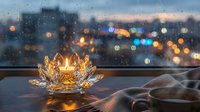 Golden crystal lotus candle holder glowing warmly on windowsill with blurred city lights bokeh background during evening twilight creating cozy atmosphere.